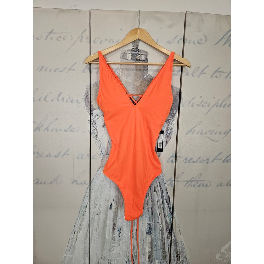 NWT TA3 Plungey Swimsuit Large Regular Long Orange Lace Up Back One Piece Neon